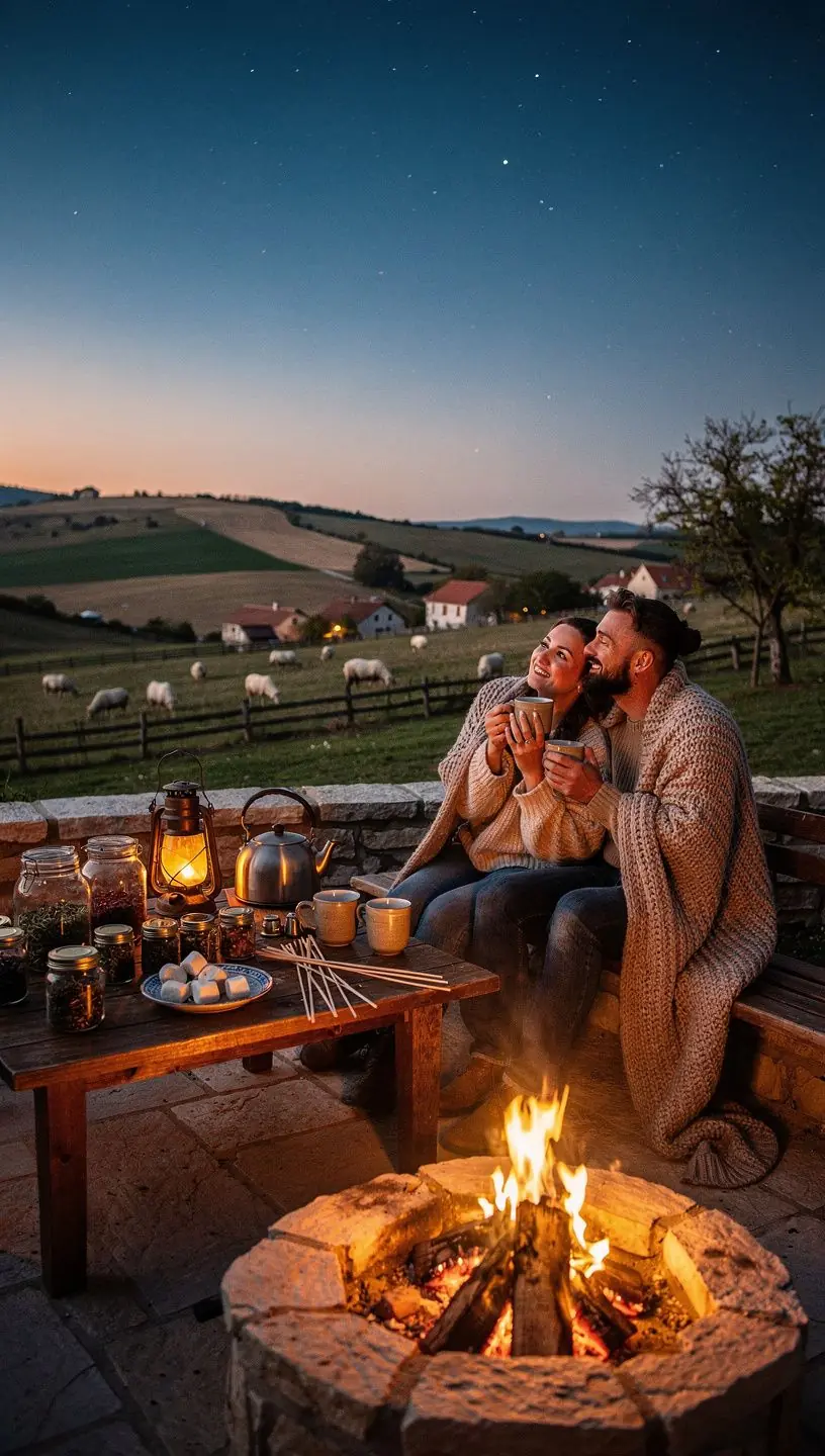 Pakiranje biljnog čaja s etiketom "Uživanje u miru" na pozadini prirodnog krajolika.