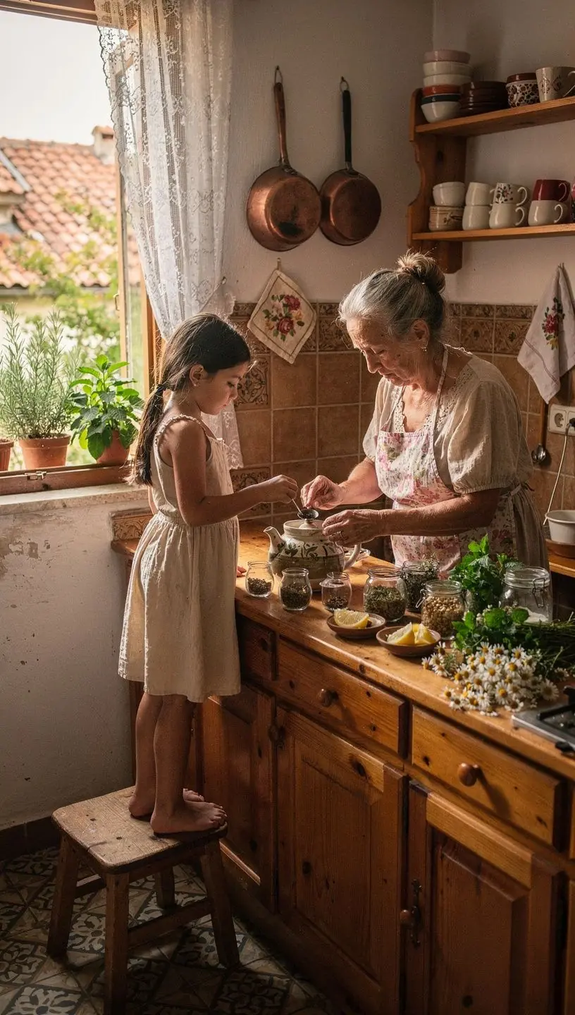Šalica čaja na drvenom stolu, okružena suhim cvijećem i biljem.