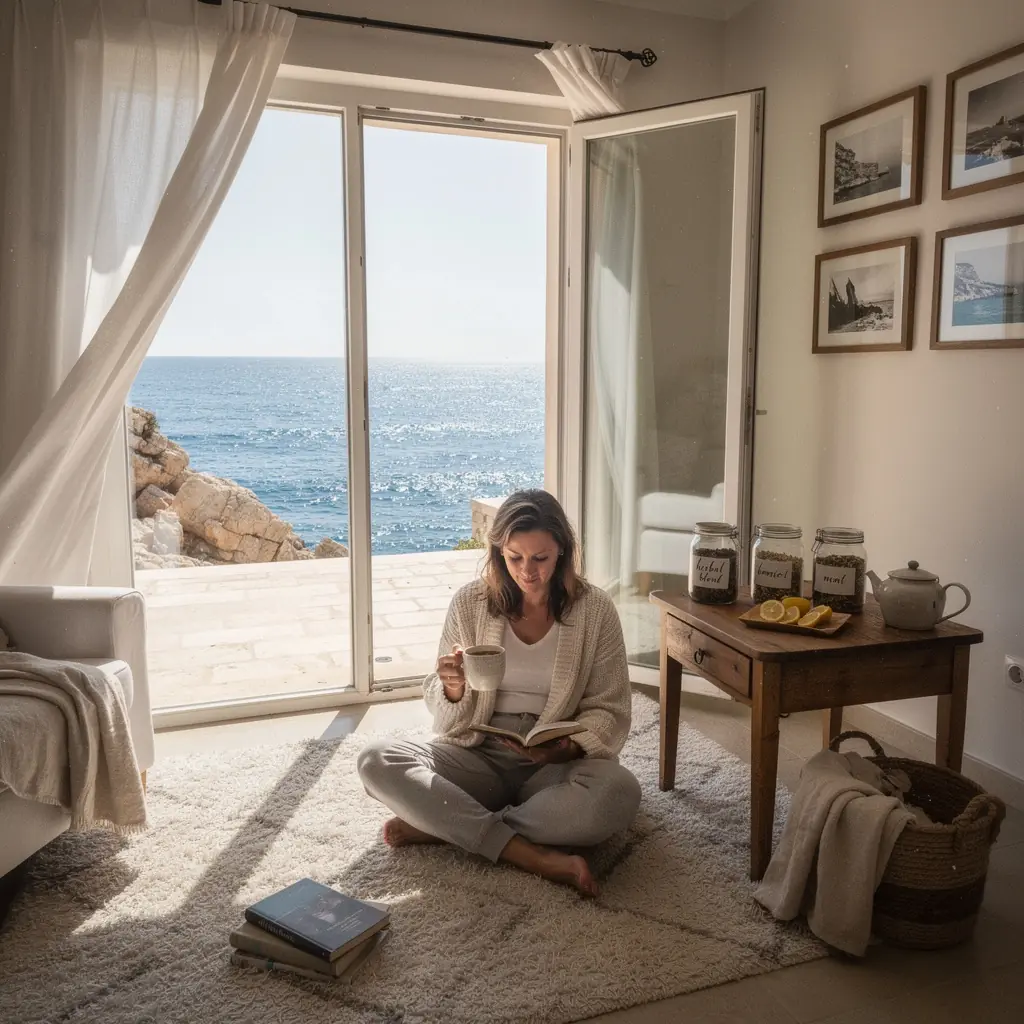 Zeleni čaj s mirisom lavande i kamilice u šalici na drvenom stolu.